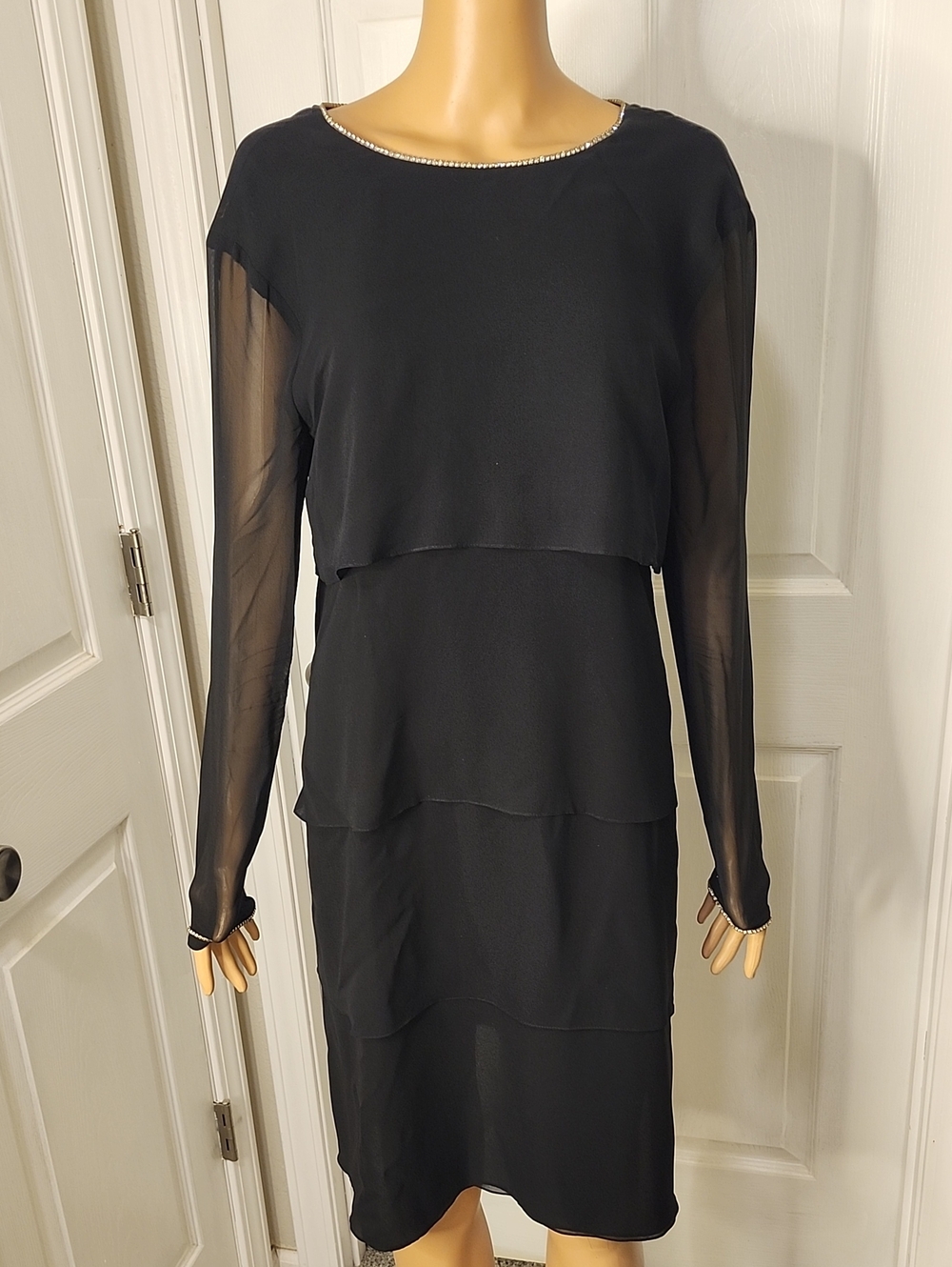 Kay Unger Black Layered Long-Sleeve Dress with Faux Diamond Neckline/ Sleeve